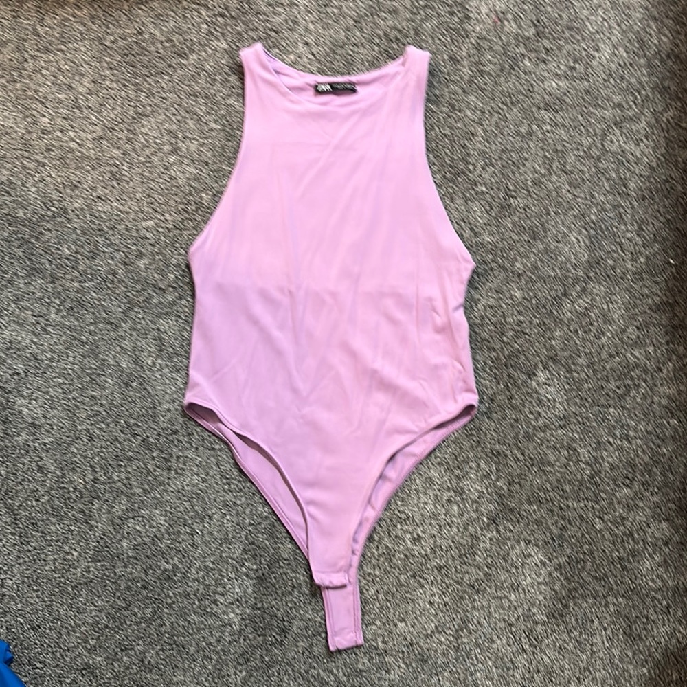 Zara Purple Bodysuit with Sleeveless Design and High-Cut Leg Openings